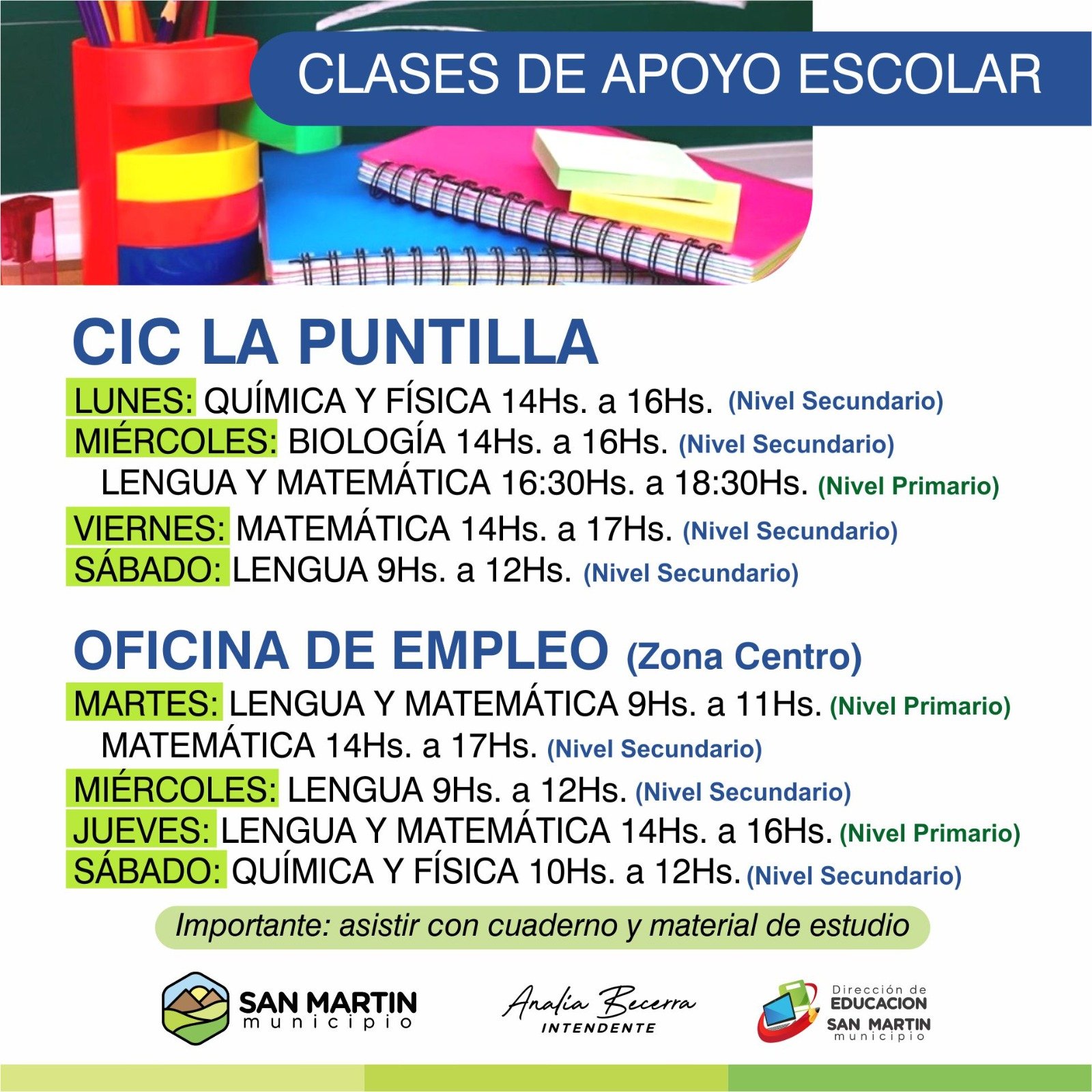 San Martín refuerza el acompañamiento escolar con clases de apoyo gratuitas
